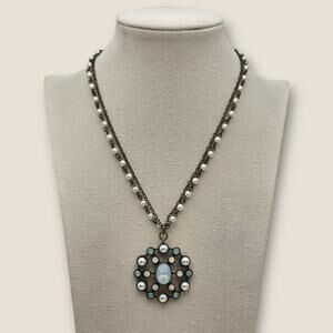 Blue Opal Glass & Faux Pearl Medallion Necklace – Cookie Lee